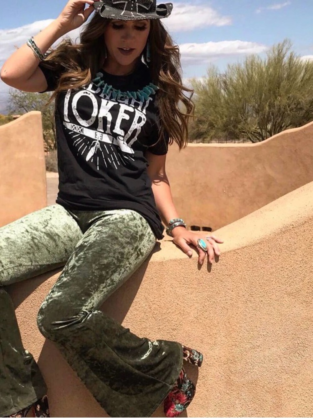 Source Unknown Black 'Joker' Graphic Tee with Olive Velvet Flare Pants